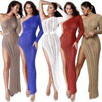 （HOT)ebay AliExpress wish ชุดเดรสกลวงเปิดไหล่ขายร้อน กระโปรงยาวถักชายหาดผู้หญิงเซ็กซี่