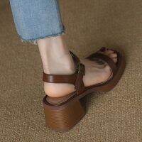 Retro one-word thick-heeled sandals womens summer brown medium-heeled thick-soled waterproof platform real soft leather fish mouth Mary Jane sandals 〖WYUE〗