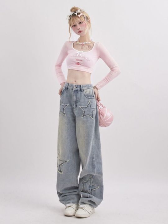 กางเกงผ้ายีนส์หลวมสีน้ำเงินย้อนยุคสำหรับผู้หญิงยีนส์ดาวแนวสตรีท-y2k-ยุค90กางเกงขาบานอเมริกาแบบย้อนยุคสไตล์เกาหลี