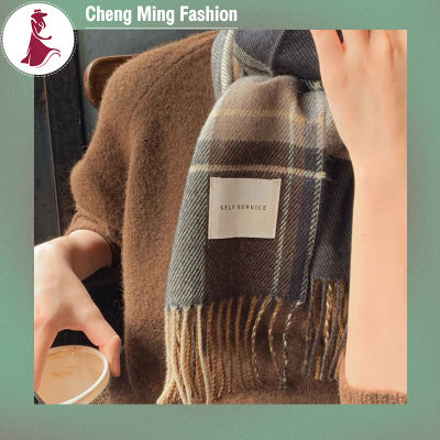 Cheng ผ้าพันคอลายสก็อตย้อนยุคสำหรับผู้หญิงผ้าคลุมไหล่แคชเมียร์,ผ้าคลุมไหล่อบอุ่นมีพู่สำหรับ Kado Ulang Tahun ในฤดูหนาว