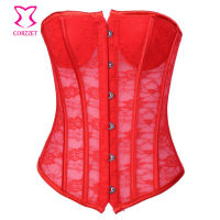 Red Transparent Floral Lace Padded Push Up Bustier Top Women Corset Sexy Lingerie Gothic Clothing Korse Espartilhos E Corpetes