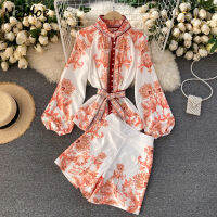 Neploe Court Style Print 2 Pcs Womens Set Turn Down Collar Puff Long Sleeve Blouse + High Waist Hip Wide Leg Shorts Spring Suit