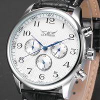 ZZOOI JARAGAR Classic White Dial Blue Hands Mens Auto Mechanical Wristwatch Day Date 24hrs Genuine Leather Strap Watches Male Clock