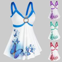 Summer Women Fashion Plus Size Butterfly Print O Ring Tank Top Casual  Sleeveless Tops-NEW FASHION Casual