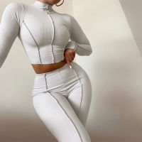 20212021 Women High Waist Slim Breathable Leisure Sports 2PCS Suit Summer Solid Half High Collar Short Top Full Pants Streetwear Set