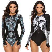 Long Sleeve Rash Guard Women Print Swimwear Zipper One Piece Swimsuit Plus Size Surfing Suit Shorts Diving Clothe Pad Bath Suit