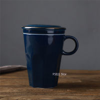 450ml FSILE Ceramic Large Capacity Mug Japanese Style Stoneware Office Cup with Wooden Handle Gift Mug with Lid Tea Separation