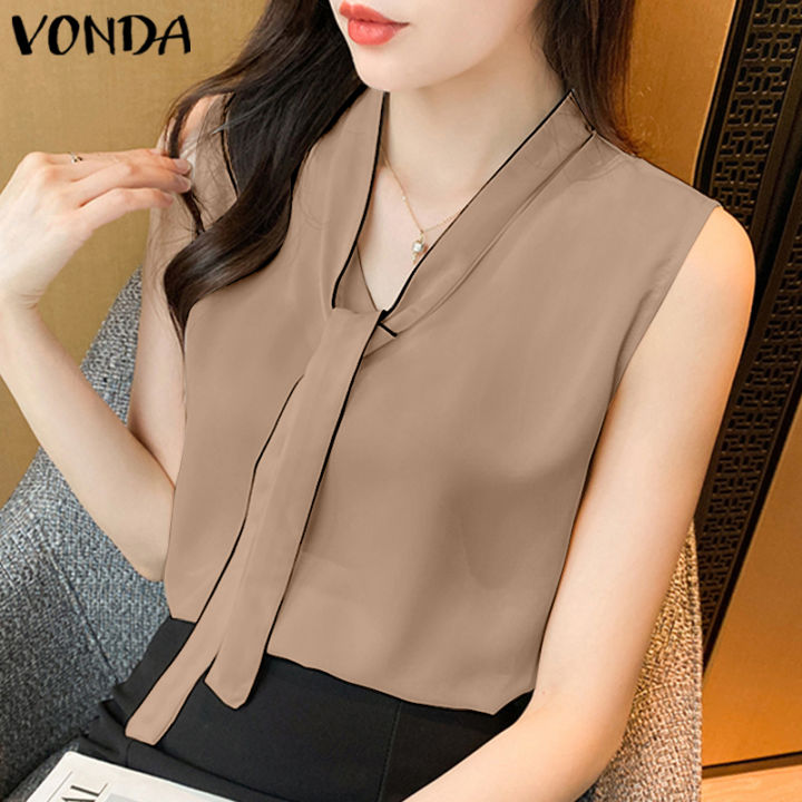 จัดส่งฟรี-fancystyle-vonda-ชุดผู้หญิงคอวีคอวีคอวีแขนกุดอเนกประสงค์เสื้อส่วนบนผ้าหนาธุรกิจสำนักงาน