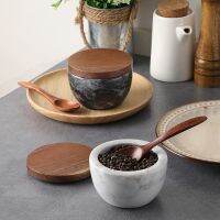 hotx【DT】 and Pepper Bowls with Lids Spoons Marble Cellar With Wood Cover