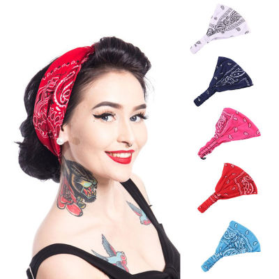 P5u7 ผู้หญิง Retro headband Head Wrap Turban Cap Print Hairband Cotton Stretch Accessories ฟิตเนส Running