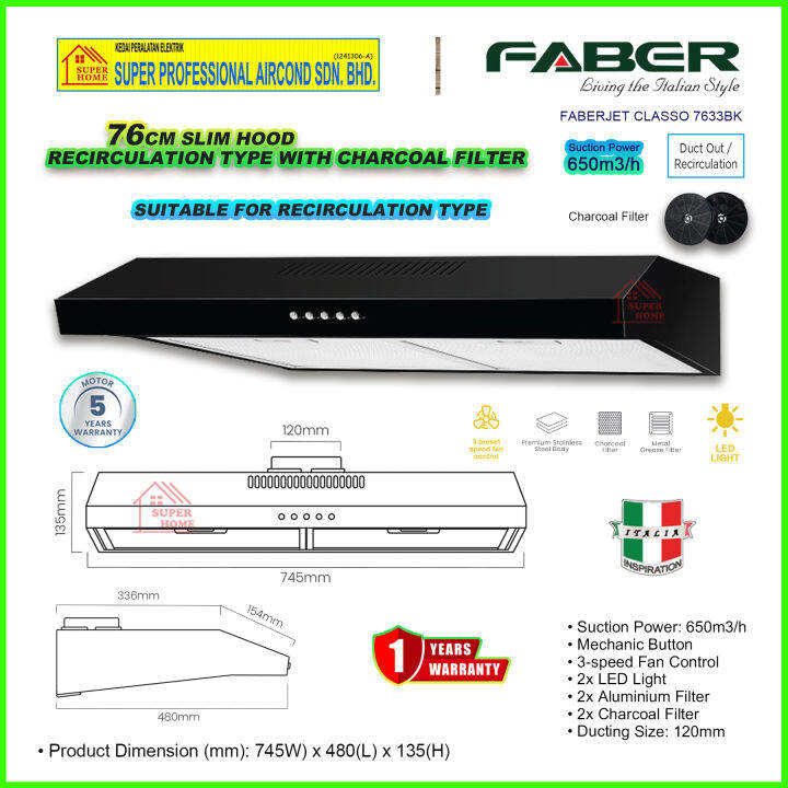 Faber Slim Hood FABERJET CLASSO 7633BK Slim Cooker Hood recirculating