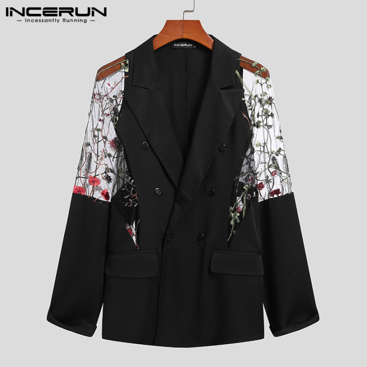 hnf531-medussa-incerun-men-mesh-sleeve-coats-double-breasted-blazer-floral-formal-outwear-top-jackets