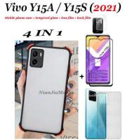 (4in1) เหมาะสำหรับ VIVO Y15S 2021 Y15A 2021สี่มุมกล่องป้องกันเลนส์กล้องเปลือกแข็งโทรศัพท์มือถือเคสฝาหลัง + ฟิล์มกระจกนิรภัย + ฟิล์มหลัง + ฟิล์มเลนส์