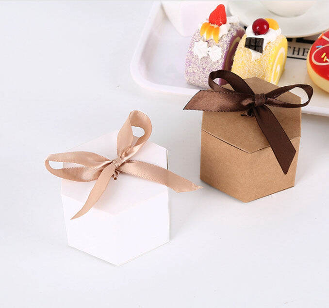 Hexagonal kraft carton gift box candy box white leather paper baking ...