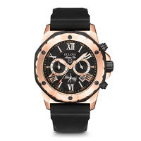 Bulova Mens Marine Star Chronograph Silicone Strap Watch Rose Gold/Black dial Marine Star