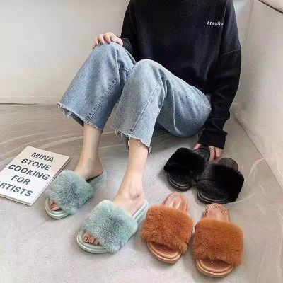 Maomao sandals women wear outside of the spring and autumn winter ins web celebrity home one word with MAO dragged cross with plush slippers
