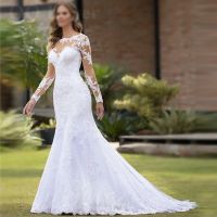 Sexy Illusion Mermaid Wedding Dresses Lace Appliques Robe De Mariée Wedding Bride Gowns Court Train Backless Vestido De Noiva