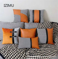 Modern Light Luxury Cushion Cover Orange leather Velvet Stitching Pillow Cases Black white Plaid Simplicity Pillowcase 45x45cm