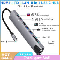 ฮับ USB 8-In-1ตัวแปลงแบบหลายพอร์ตอะแดปเตอร์3.1-4K RJ45ตัวอ่านบัตร TF PD ชาร์จเร็วใช้ได้กับ MacBook