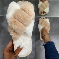 【CW】 2022 New Slippers Fluffy Faux Fur Indoor Cotton Floor Shoes Ladies Flip Flops