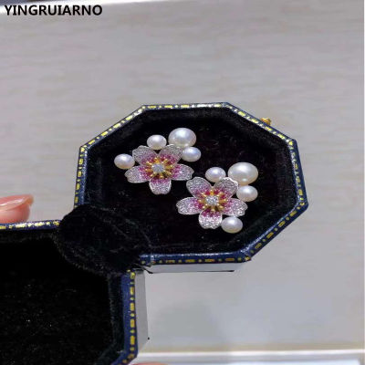YINGRUIANO Pearl Earrings Cherry Blossom Style Natural Fresh Water S925 Sterling Silver Earrings