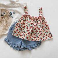 Floral Bebe Girls Backless Camisole Vest Denim Shorts Suit Vest for Girl Childrens T-Shirt Pants Baby Girls Out Clothing 2-6