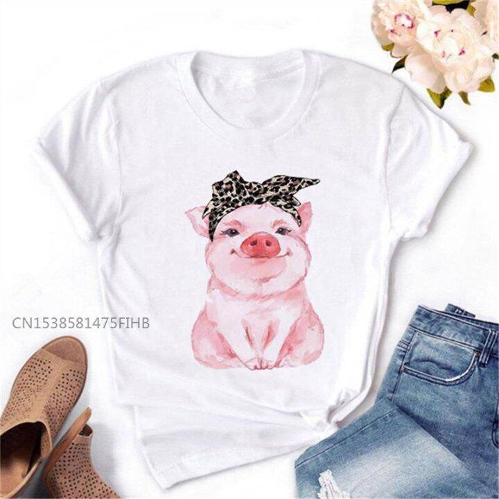 cute-leopard-bandana-pig-bow-print-women-basic-tshirt-harajuku-kawaii-korean-female-premium-tops-tees-funny-femme-t-shirts