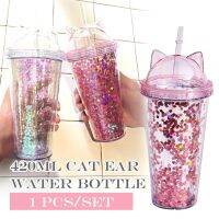 420ml Cat Ear Water Bottle For Girls with Sequins BPA FREE Double wall Tumbler with straw Reusable Durable Cup Drinkware