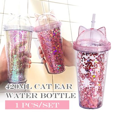 420ml Cat Ear Water Bottle For Girls with Sequins BPA FREE Double wall Tumbler with straw Reusable Durable Cup Drinkware