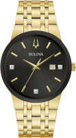 Bulova Mens Modern Gold Tone Stainless Steel 3-Hand Calendar Date Quartz Watch, Gold Tone Accents and Diamond Dial Style: 97D127