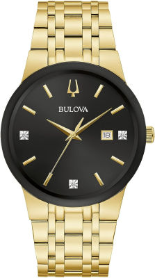 Bulova Mens Modern Gold Tone Stainless Steel 3-Hand Calendar Date Quartz Watch, Gold Tone Accents and Diamond Dial Style: 97D127