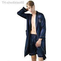 ﹍♙☇ Robe Pants Pijama Set Two-Piece Bathrobe Shorts Silk Sleepwear para Homens Kimono Soft Long-sleeved Gown