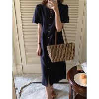 ▩✓ 45112 Korean Version Round Neck Retro Waist Slimmer Look Mid-Length Solid Color Dress