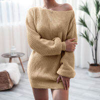 Winter Womens Mini Sweaters Dress  Lantern Sleeve Oversized Fashion Knitted Dress Casual Loose Solid Color Female Clothing