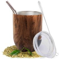 Yerba Mate Gourd Tea Cup Set 12OzDouble-Wall Stainless Coffee Water Filter Spoon Brush Cup with Lid 1 Bombillas Straws