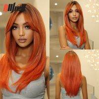 Medium Length Orange Highlight Straight Synthetic Natural Hair Wigs with Bangs for Black Women Cosplay Party Heat Resistant