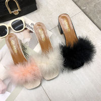 Mules Sandal Women Summer Outdoor Fashion Slippers Square Toe High Heels Office Ladies Feather Slides Chic Classics Furry Shoes