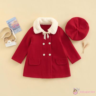 Babygarden-3-7 ปี Bbay Girl ชุดฤดูหนาว, สีตัดกัน ขนเฟอร์ คอปก แขนยาว ผ้าขนสัตว์ กระดุม ชุดเดรส เสื้อโค้ท + หมวก สีแดง