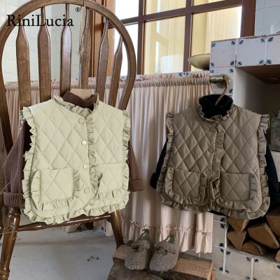 （Good baby store） RiniLucia Girl Winter Fashion Sweet Floral Ruffle Pockets Vest All match Fly Sleeves Coat Baby Girl Thick Warm Cotton Jacket