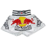 THAISMAI BS1195-1 กางเกงมวยไทย ผ้าต่วน-ขาว ลายกระทิงแดง -THAISMAI THAI BOXING SHORTS WHITE SATIN RED BULL BS-1195-1 THAIFIGHTPRO