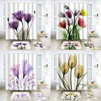 【hot】∏  Shower Curtain Set Watercolor Flowers Leaves Bouquet Non-Slip Rugs Toilet Lid Cover