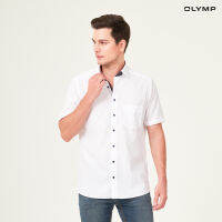 OLYMP LUXOR Shirt เสื้อเชิ้ตชาย แขนสั้นสีขาว แต่งปก ทรงหลวม ใส่สบาย รีดง่าย