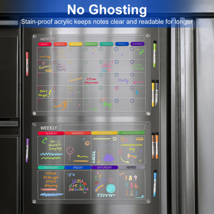 คลังสินค้าพร้อม-loiion-ปฏิทินติดตู้เย็นแม่เหล็กอะคริลิค2ชุด-วางแผนรายสัปดาห์แบบใสปฏิทินกระดานลบแห้งสำหรับตู้เย็นสมุดวางแผนแบบใช้ซ้ำได้รายสัปดาห์รายเดือนมีเครื่องหมาย4ตัว-42x33ซม