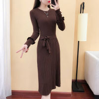 2021 Spring Autumn New Womens Long Knitted Dress Korean Style Round Collar Long-sleeved Sweater Bottoming Skirt Slim Woolen Daily Wear Dresses