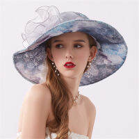 Womens Wide Brim Mesh Lace Kentucky Derby Church Hat Foldable Wedding Tea Party Dress Sun Hat with Bow