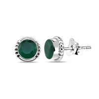 Silver thai 925 Silver Emerald Green Round Stud Earring, ต่างหูเม็ดกลมสีเขียวมรกตเงินแท้ 925