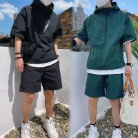 2023 MenS Summer New Loose Zipper Two -Piece Fashion Hooded Worker Pure Color Trend Shorts Suit