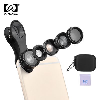 APEXEL APL-DG5H 5 in 1 Lens Kit 0.63X Wide Angle Lens 15X Macro Lens 2X Telescope CPL Lenses for iPhone Samsung Huawei Xiaomi