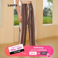 Lovito Boho Paisley กางเกงขายาว เอวผูกเชือก สีน้ําตาล L24ED168