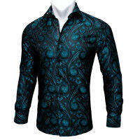 แบร์รี่ .Wang Teal Paisley เสื้อเสื้อเชิ้ตผ้าไหมลายดอกไม้แขนยาวสไตล์ฤดูใบไม้ร่วงลำลองสำหรับผู้ชายชุดเดรส BCY-05